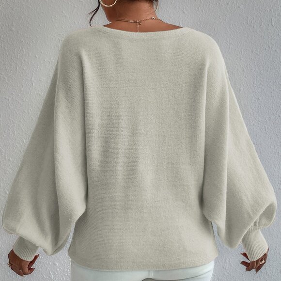 Women's Casual Beige with blue Graphic stripes Lantern Sleeve Sweater - Picture 2 of 7